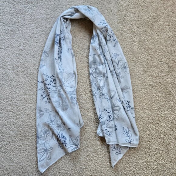 Cotton Silk Lightweight Floral Scarf Angled Ends Grey Blue Italy - Picture 2 of 10